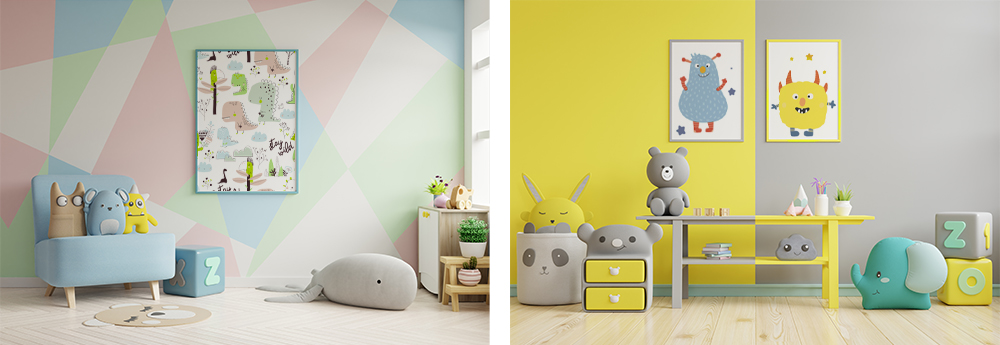 “Kinderzimmer-dekoriert-mit-Bildern-von-Tieren-in-Bilderrahmen”